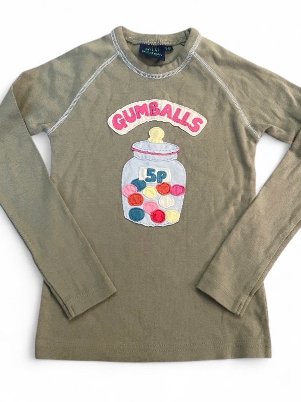 Mini Boden Olive Green Gumballs Long Sleeve Shirt Girls Size 5-6Y